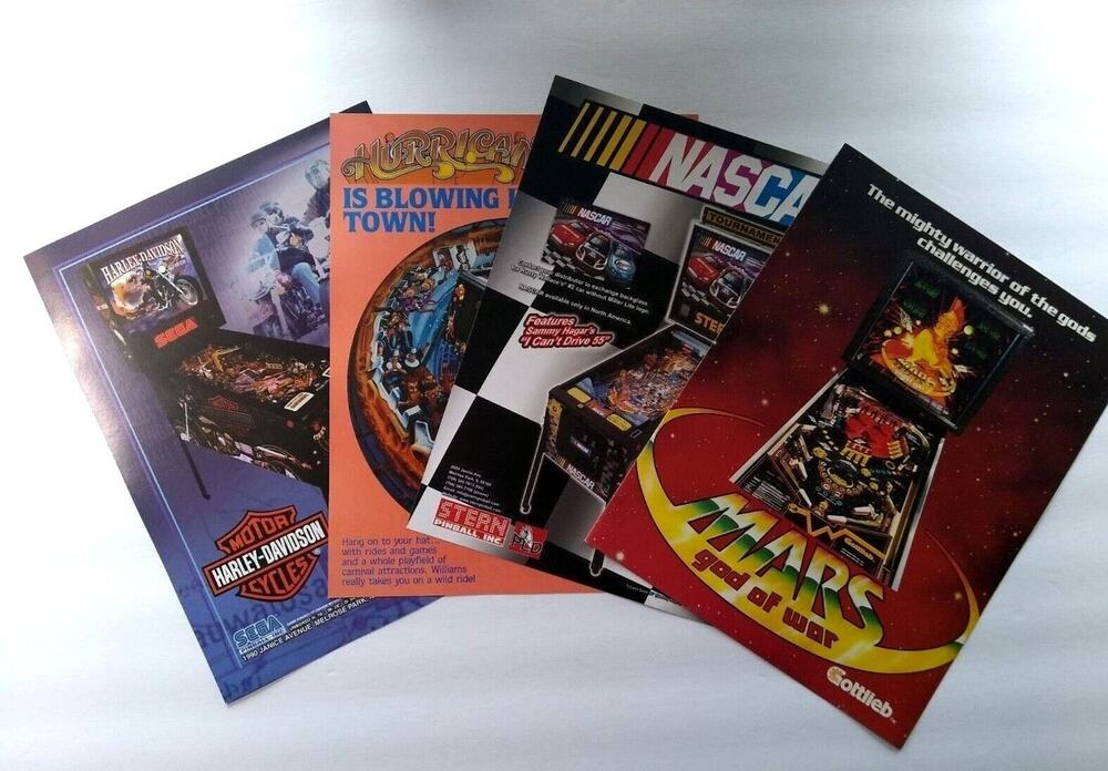 Pinball FLYERS Lot Of 4 Mars God Of War Nascar Hurricane Harley Davidson Vintage